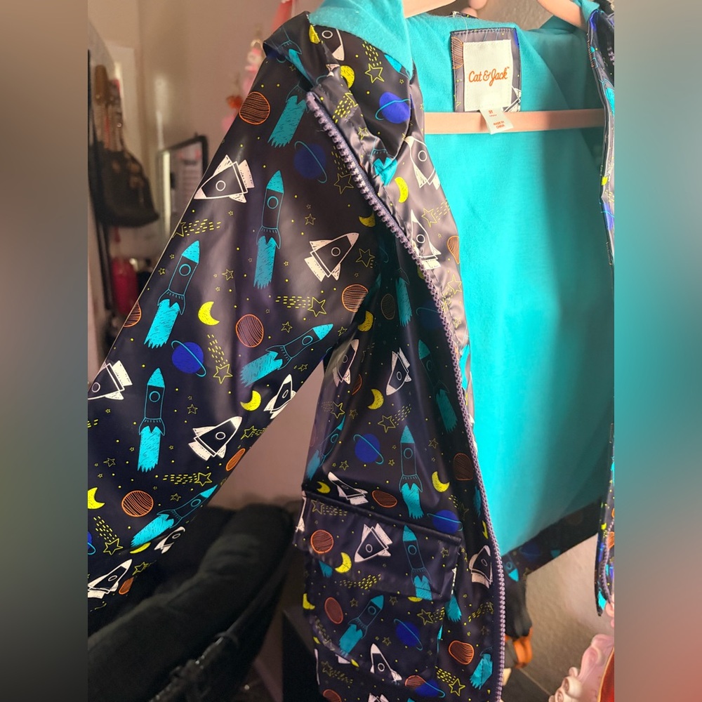 Cat & Jack Kids Space Raincoat - Black with Teal Lining and Multicolor Rockets